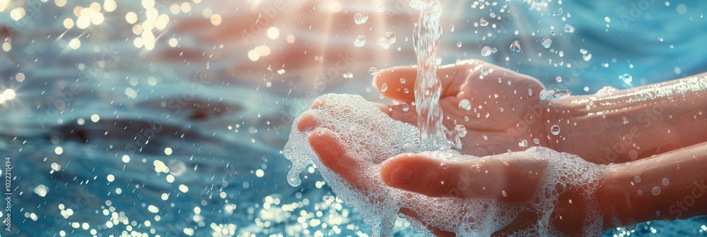 Poster Streaming water flows over hands being washed, creating soap bubbles while sunlight reflects off the liquid, enhancing the cleansing activity. Generative AI