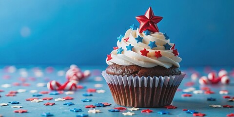 Vibrant festive chocolate cupcake adorned with white frosting, patriotic red and blue sprinkles, and star-spangled decorations on a bright blue background, perfect for 4th of July celebrations.