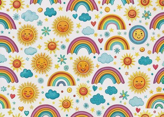 Fototapeta premium Vibrant seamless vector pattern featuring whimsical hand-drawn rainbows and bright suns on a white background, perfect for designs requiring a playful and cheerful atmosphere.