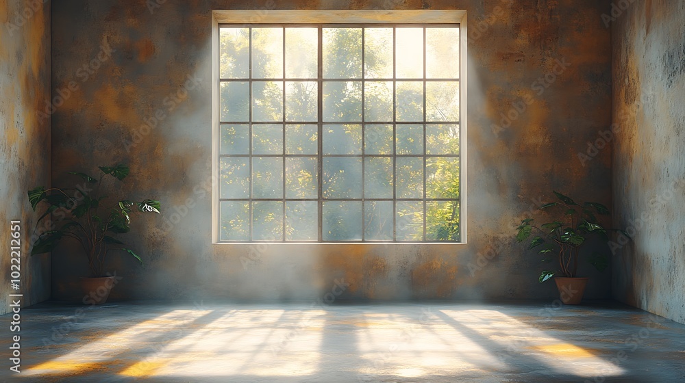 Poster sunlight streams through a large window in a rustic industrial loft space, illuminating the concrete