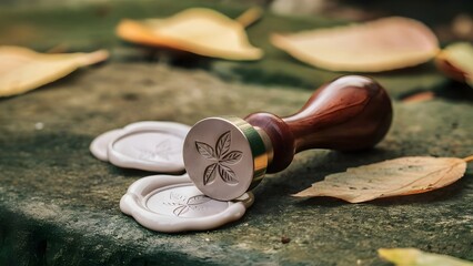 Wax Seal Stamp with Leaf Pattern on Outdoor Stone