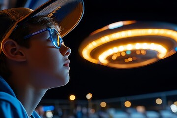 Realistic image of a skeptic at a UFO sighting event, observing the claims being made with doubt and curiosity