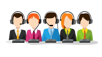 Call Center Communication Illustration on a Clean White Background, Depicting Effective Interaction Between Agents and Customers, Emphasizing Professionalism and Technology in Customer Service