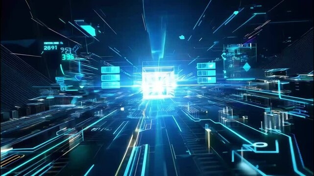 Bright Blue Signals Tracks InsideProcessor CreatingHighTech 3D Animation 4K circuit board central processing unit processor card computer closeup inside abstract mother