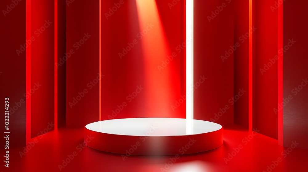 Poster 4. a dynamic scene featuring a modern display stand on a pedestal, set within a red room creating a 