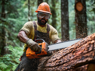 Black logger cutting tree in forest