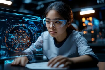 3D-rendered image of a scientist in a lab surrounded by digital equipment, showing skepticism as they review a complex research model