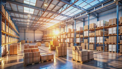 Obraz premium Spacious warehouse interior with rows of stacked cardboard boxes containing assorted goods, crates, and pallets, illuminated by natural light pouring through windows.