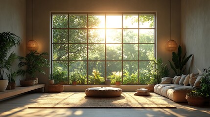 Minimalist living room with large window overlooking a lush garden, bathed in warm sunlight.