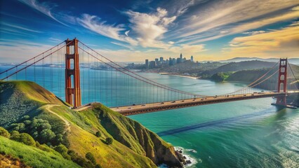 Iconic suspension bridge spans tranquil blue waters, majestic towers rising above lush green hills, sunny California sky shining bright behind San Francisco's iconic landmark.