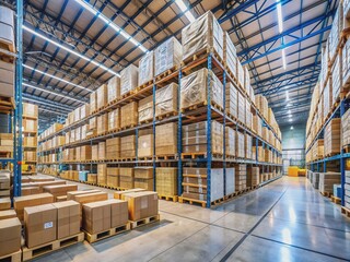 Huge modern warehouse filled with rows of cardboard boxes stacked on pallets and shelves, awaiting transportation, amidst a complex logistics system.
