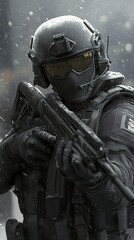 Fototapeta premium Soldier in Snow with Weapon - Military Tactical Gear