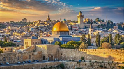 Fototapeta premium Ancient stone walls and iconic Dome of the Rock mosque majestically overlook the historic Old City of Jerusalem, symbolizing sacred heritage and religious diversity.