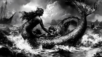 Mellifluous siren luring unsuspecting seafarers into perilous waters. Sirens Lure. Illustration