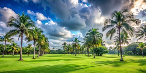 Fototapeta premium A Lush Green Field Bathed in Soft Light, Surrounded by Tall Palm Trees Casting Shadows on the Vibrant Grass