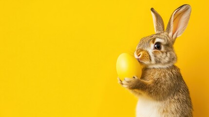 Endearing Bunny Holding Yellow Egg on Vibrant Background