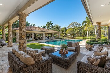 Obraz premium Luxury patio with wicker furniture and a view of a swimming pool.