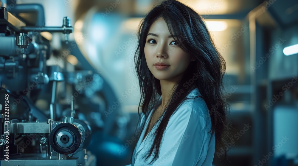 Poster technician in lab coat in high-tech environment