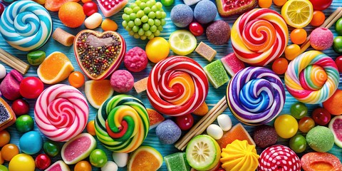 Fototapeta premium A Vibrant Symphony of Sweet Treats A Colorful Arrangement of Swirled Lollipops, Gummy Candies, and Assorted Sweets on a Blue Wooden Surface