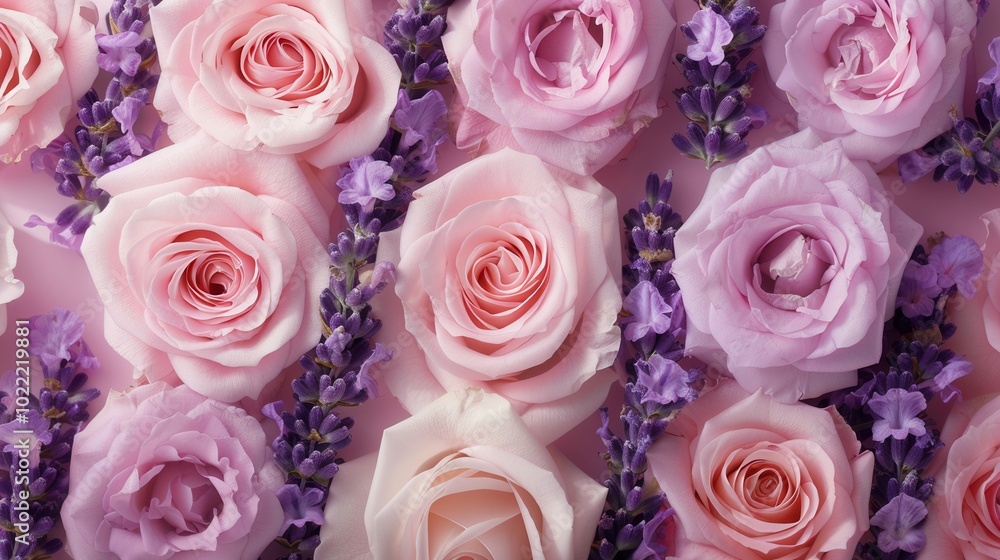 Poster A beautiful arrangement features soft pink roses intertwined with fragrant lavender, creating a soothing and harmonious floral display. Generative AI