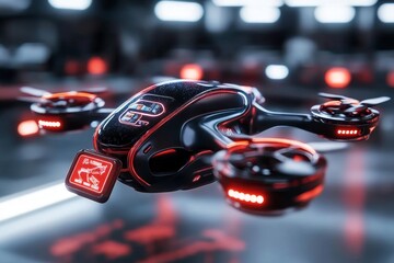 A futuristic marketplace with glowing discounts displayed on floating tags, as drones deliver products to customers