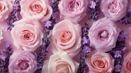 A beautiful arrangement features soft pink roses intertwined with fragrant lavender, creating a soothing and harmonious floral display. Generative AI