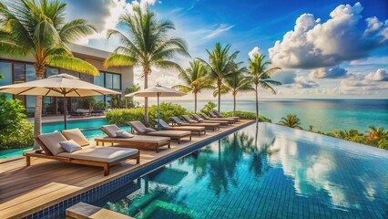 Luxurious resort atmosphere: sun-kissed chaise lounges surround turquoise pool, adorned with tropical plants, amidst sleek modern architecture and breathtaking seaside scenery.