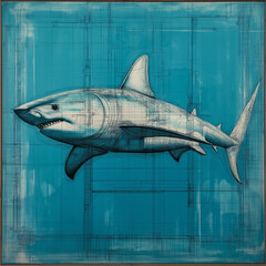 Grand Architect Shark Framed in Cool Aqua Blueprint