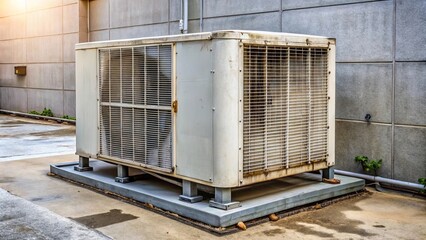 A weathered cooling unit, resting on a concrete platform, stands against a gray wall, casting a subtle shadow on the pavement.