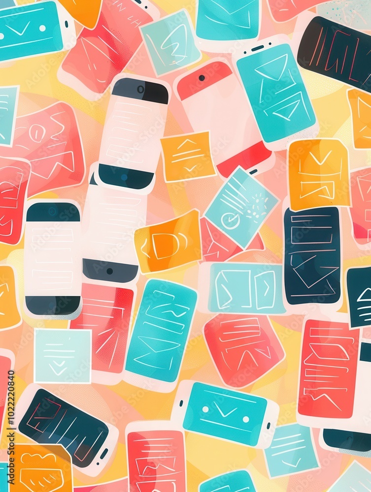 Poster A vibrant collection of smartphone screens reveals dynamic stories and short video content, reflecting contemporary communication methods. Generative AI