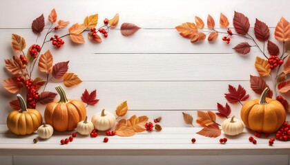 Cozy fall decor featuring mini pumpkins, red berries, and vibrant autumn leaves on a wooden background. Generative AI