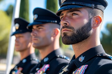 Obraz premium A group of soldiers in full uniform standing at attention during a service ceremony, with medals on their chests and solemn expressions on their faces