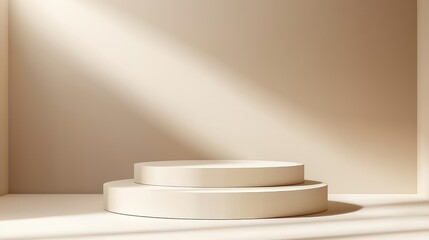 Two-Tiered Circular Pedestal Against Beige Wall with Light Streaks