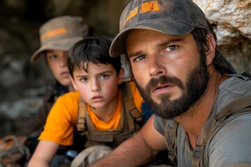 Fototapeta premium A historical depiction of a family traveling by wagon across the wilderness, facing the challenge of migration in a harsh environment