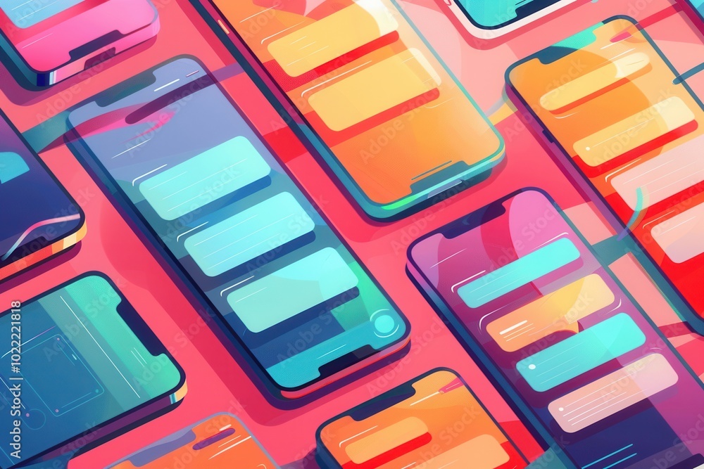 Poster multiple smartphone screens showcase colorful stories and engaging short clips, offering a glimpse i