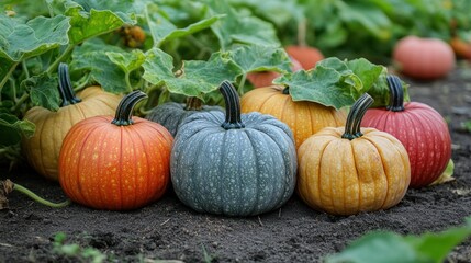 A colorful display of pumpkins in a garden setting.