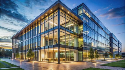 Fototapeta premium Modern glass office building exterior glows with warm interior lighting at dusk, showcasing sleek and contemporary architectural design with clean lines and geometric shapes.