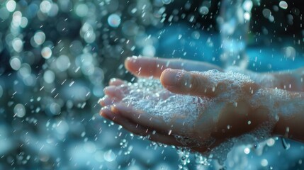 Fototapeta premium Hands are being thoroughly washed under a flowing stream of clean water, emphasizing hygiene and cleanliness outdoors in daylight. Generative AI