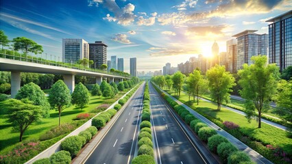 An urban landscape with a wide, straight road lined with lush green trees and shrubs, leading towards a skyline of towering buildings and a bright, sun-kissed sky.