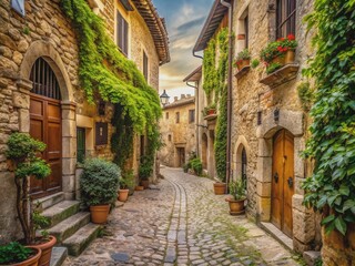 Fototapeta premium Old cobblestone pavement winds through a narrow, centuries-old town street lined with closely-packed, rustic, earth-toned buildings, adorned with vines and faded facades.