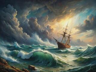 Obraz premium Dramatic oil painting of a solitary vessel battling powerful waves and turbulent sea amidst a dark, ominous, and stormy atmospheric backdrop.