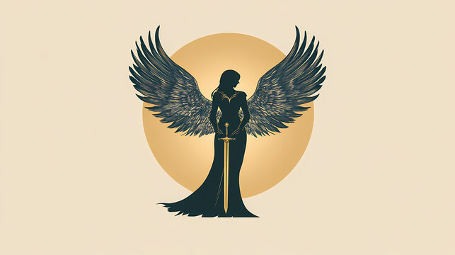 Praying valkyrie silhouette with sword - retro hero circle logo design. military pose with. Valkyrie on Wings. Illustration