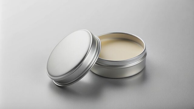 Empty round tin container for lip balm on light gray background beauty product mockup with space for branding, awaiting customization and label design.