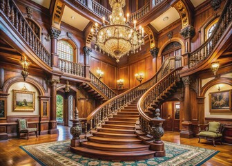 Obraz premium Opulent historic colonial mansion featuring a grand, curved staircase with intricately carved banister, surrounded by ornate chandeliers and lavish decorative woodwork details.