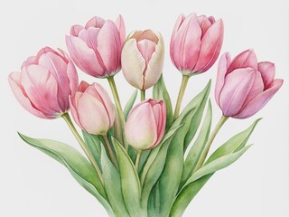 Obraz premium Delicate watercolor illustration of a hand drawn set of pink tulips in soft, pastel hues, isolated on a clean white background, exuding simplicity and elegance.