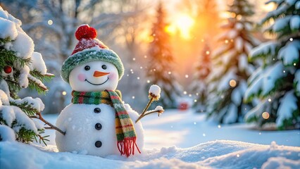 Obraz premium A cheerful snowman with a red and green scarf stands in a snowy forest, bathed in the golden glow of a winter sunset.
