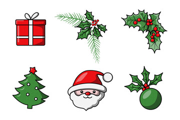 Festive collection of Christmas-themed icons including Santa Claus, decorated tree, gift box, holly berries, and ornaments for holiday designs and greeting cards.