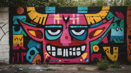 A devil with intricate, colorful features is depicted in sharp, angular lines, the street art blending seamlessly with the gritty wall to create an imposing fusion of demonic imagery.