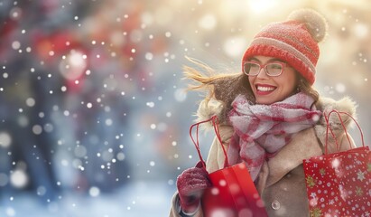 In a snowy winter setting, a woman is joyfully shopping, embracing the festive mood amidst snowflakes and decorations. She is happy and excited, surrounded by a cheerful and merry atmosphere