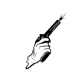 right hand shooting upwards with a black and white pistol firearm vector line art